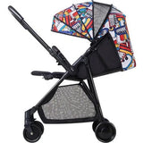 Luxury light weight reversible handle Black stroller with colorful geometric-patterned canopy .