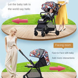  Baby in a luxury light weight reversible handle stroller with colorful canopy.