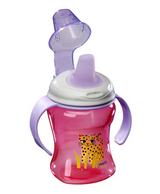 Pink sippy cup with purple handles and a leopard design 