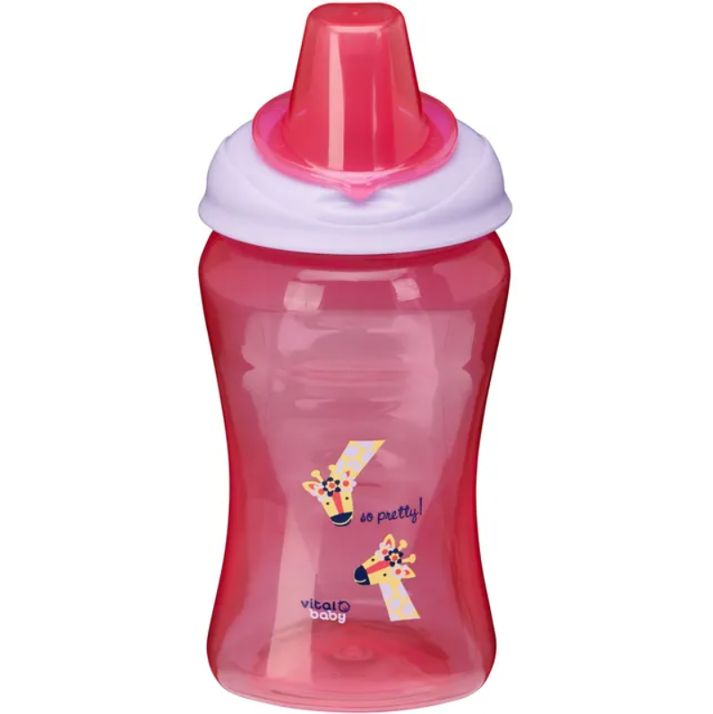 Pink sippy cup with a white lid .