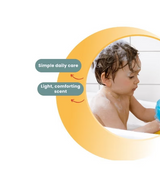 Child taking a bath withroot & glow shower gel simple daily care and light, comforting scent. & glow shower gel.