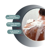 Person showering with roots & Glow shower Gelshowing product benefits
