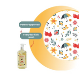 Bottle of 'Everyday kidsroots and glow wash' with a colorful patterned .