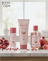 Roots & Glow skincare products with pomegranate elements .