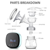 Silicone electric breast pump shown in a parts breakdown, with labeled components including the soft silicone breast shield, collection bottle, pump motor, valve, diaphragm, tubing, power button, and charging parts.