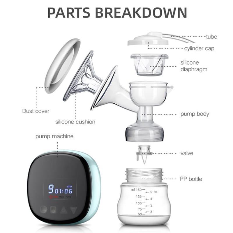 Silicone electric breast pump shown in a parts breakdown, with labeled components including the soft silicone breast shield, collection bottle, pump motor, valve, diaphragm, tubing, power button, and charging parts.