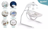 Electric musical baby bouncer swing with highlighted features including multiple swing speeds, soothing vibration, built-in music, rotating toys, soft padded seat, secure safety harness, and starry night light.
