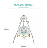 Electric musical vibrating baby swing and bouncer with a comfortable padded seat, soothing vibration, built-in music, adjustable swing speeds, safety harness, and compact dimensions suitable for home use.