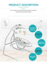  Electric musical vibrating baby bouncer swing with highlighted features including 4 swing speeds, soothing vibration, built-in music, rotating toys, soft padded seat, safety harness, and starry night light.