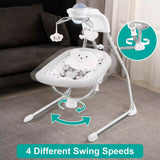 Electric musical vibrating baby bouncer swing with a soft teddy bear toy, four adjustable swing speeds, soothing vibration, built-in music, comfortable padded seat, and secure safety harness.