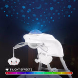 Electric musical vibrating baby bouncer swing with a star projector and cloud-shaped toy, creating a soothing nighttime atmosphere against a dark blue background.