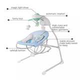 Electric musical vibrating baby swing with labeled features including soothing vibration, built-in music, adjustable swing speeds, comfortable padded seat, five-point safety harness, removable toy bar, and sturdy supportive frame.