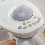 White electronic control panel with buttons and a starry night light feature attached to an electric musical vibrating baby bouncer.