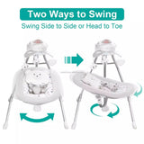  Soft electric musical vibrating baby bouncer swing with text highlighting two swinging modes, soothing vibration, built-in music, comfortable padded seat, secure safety harness, and rotating toy bar.