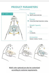 Soft electric musical vibrating baby bouncer swing chair with adjustable swing speeds, soothing vibration, built-in music, comfortable padded seat, safety harness, removable toy bar, and sturdy frame. Product parameters include swing speed settings, vibration modes, music options, power supply, seat dimensions, weight capacity, and product size.