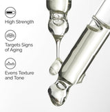 Close-up of glass droppers with text highlighting product features of retinol 1% squalance.