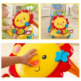 Baby playing with toy musical piano baby walker yellow lion .