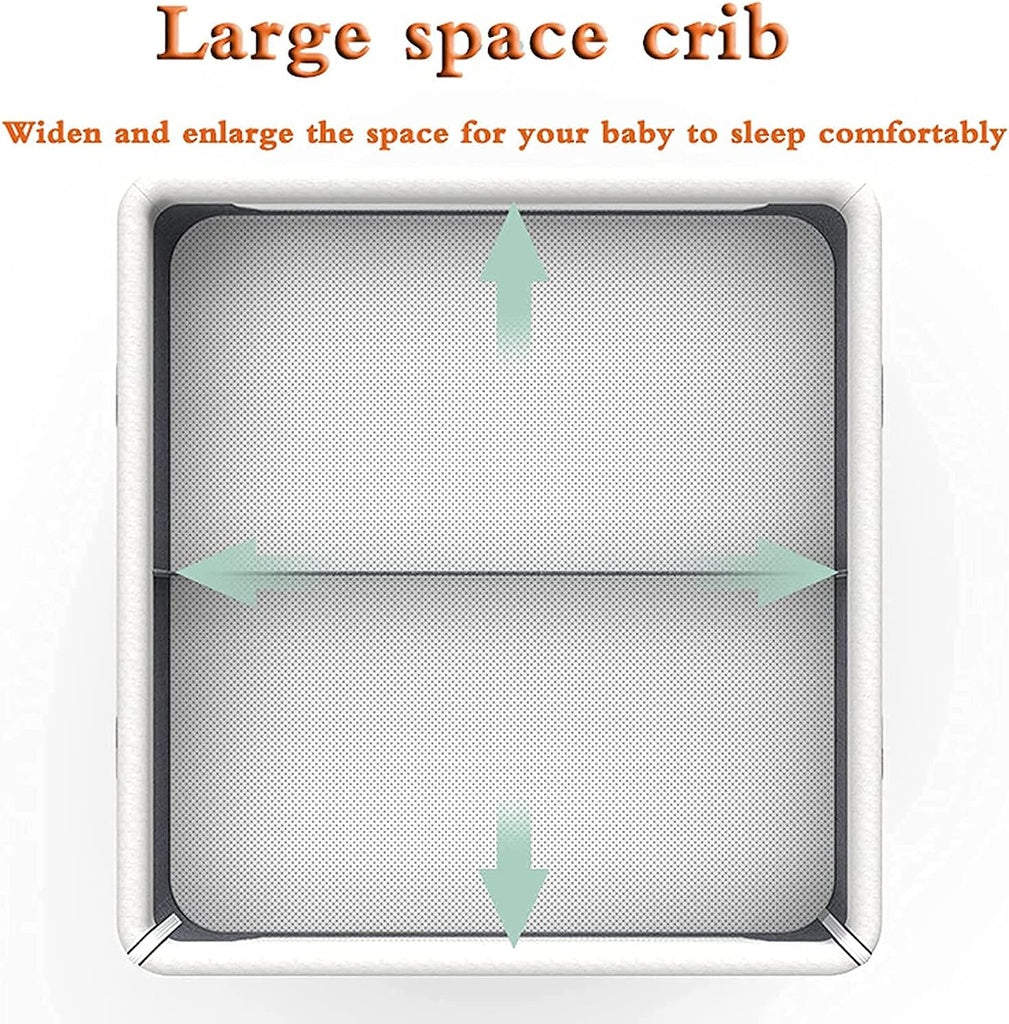 Baby crib with text indicating it can widen and enlarge the space for a baby to sleep comfortably.