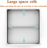 Baby crib with text indicating it can widen and enlarge the space for a baby to sleep comfortably.