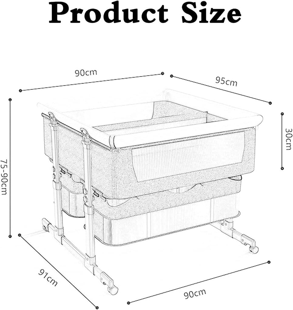 Diagram of a Twin bassinets baby bedside crib with dimensions labeled.