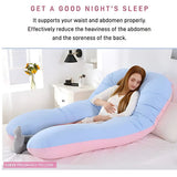 Woman lying on a U-shaped pregnancy pillow in a bedroom setting with promotional text about its benefits.