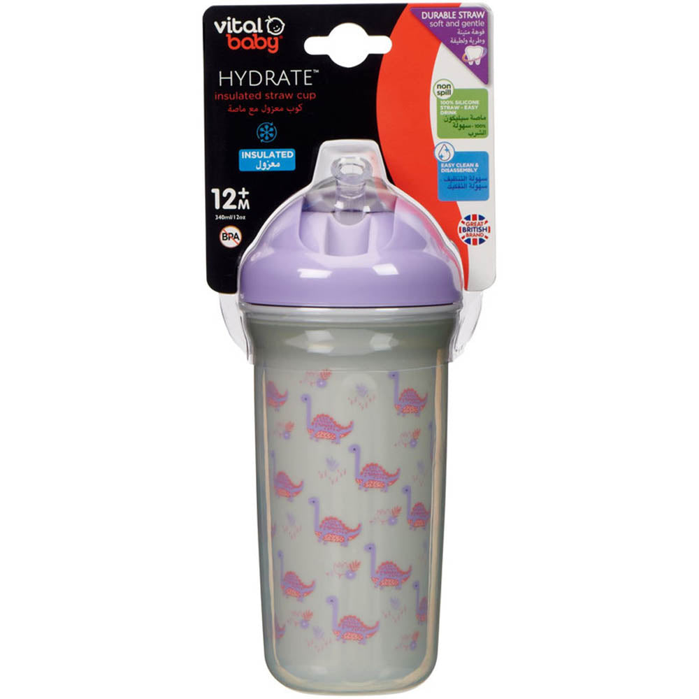 Baby vital hydrate sippy cup with dinosaur pattern.