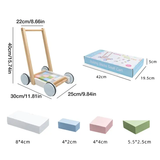 Measurement chart of a wooden walkers building blocks baby toys with dimensions and packaging dimensions displayed.