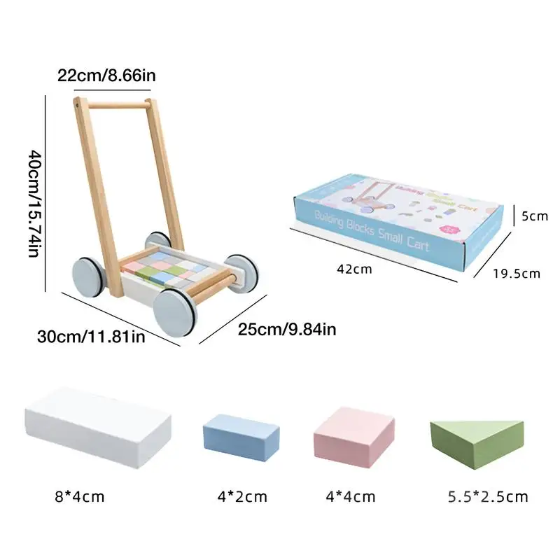 Measurement chart of a wooden walkers building blocks baby toys with dimensions and packaging dimensions displayed.