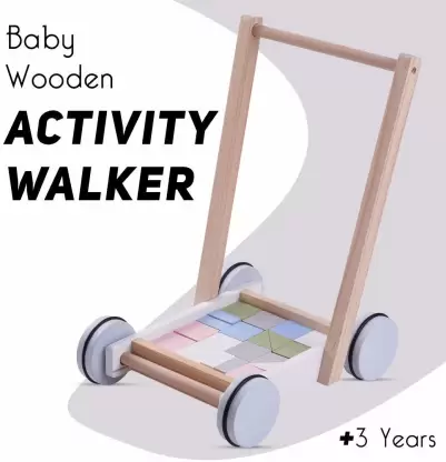 Baby wooden activity walker with colorful blocks .