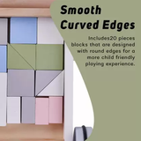 Colorful geometric blocks with rounded edges on a wooden walkers building block baby toys.