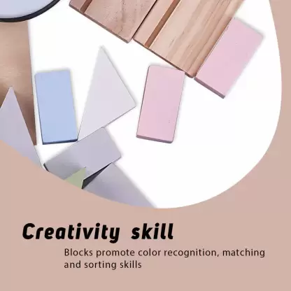 Color recognitionbuilding blocks baby toys with text about creativity skills.