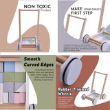 Collage of a wooden baby walker with text highlighting safety features .