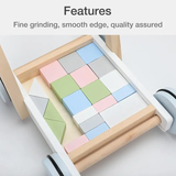 Colorful geometric walkers building blocks in a wooden box with text 'Features: Fine grinding, smooth edge, quality assured'.