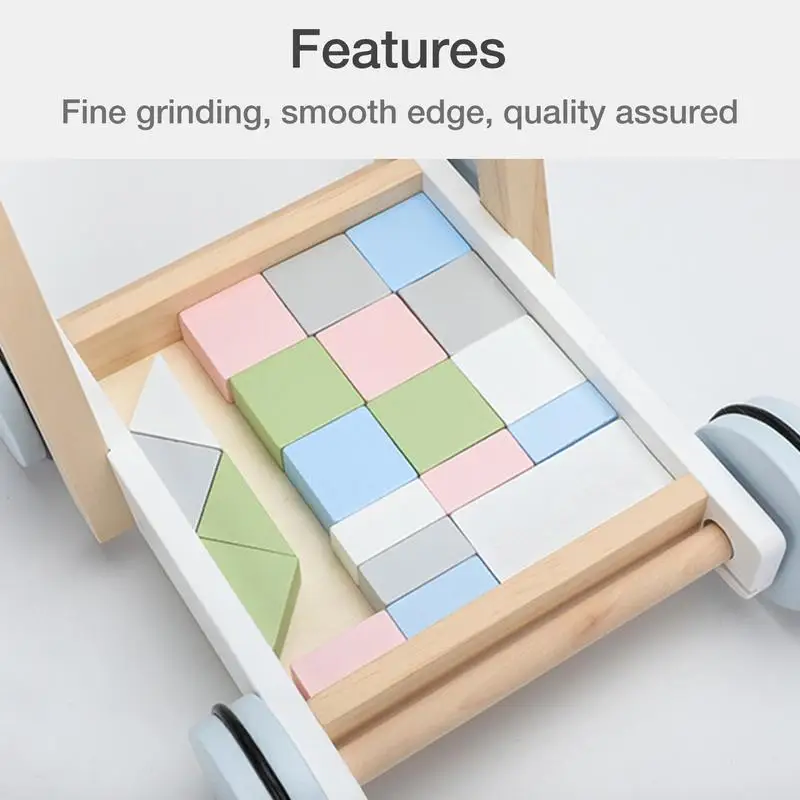 Colorful geometric walkers building blocks in a wooden box with text 'Features: Fine grinding, smooth edge, quality assured'.