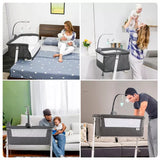 Collage of a Newbornbabybedside crib being used in various settings with parents and children.