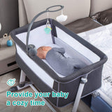 Baby in a gray bedside bassinet with a cozy atmosphere, text 'Provide your baby a cozy time'.