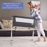 Woman adjusting a Newborn baby bedside crib in a living room with text about its adjustable design.
