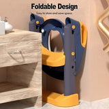 Foldable baby toilet potty trainer seat with ladder on a bathroom shelf with text indicating ease of storage.