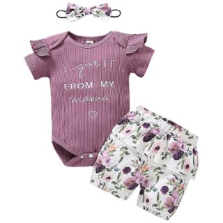 Newborn Infant Baby Girls Short Sleeve Ribbed Romper Top Floral Shorts Headband Set Outfits