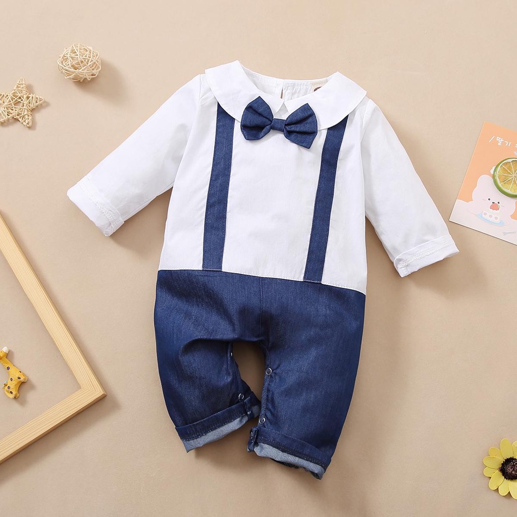 Clothes Baby Boy Rompers Suspender Bow Tie Gentleman Baby Handsome Snap Buttons Infant Boy Rompers