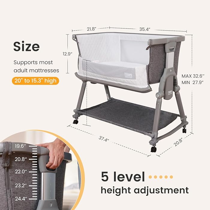 3 in 1 Foldable Baby Bassinet Bedside Sleeper with Large Storage Basket, Breathable Mesh and Cotton Mattress and Travel Bag