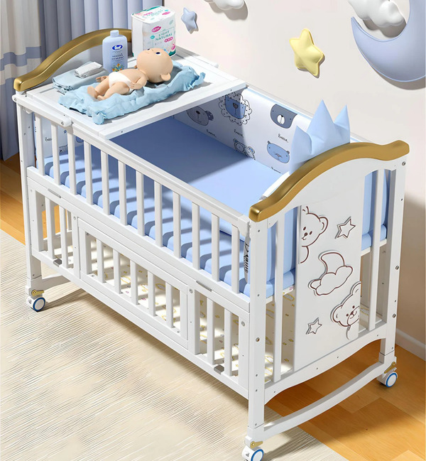 Baby Crib, Baby Wooden Cot, Bed Multifunctional  Rocker, Convertible Desk And Kids Sofa With Mosquito Net