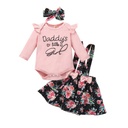 3Pcs Newborn Infant Baby Girl Fall Clothes Long Sleeve Romper Floral Suspenders Skirt Headband Outfits