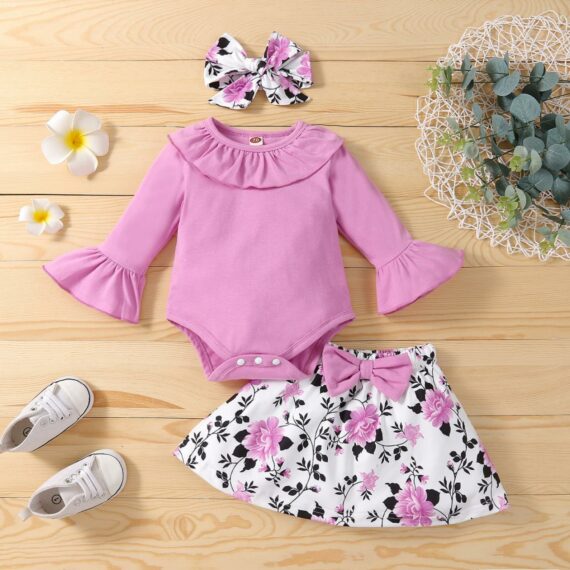 Infant Baby Girls Clothes Sets 3Pcs Pink Romper Long Sleeve Tops Flower Dress Headband Newborn Clothing 0-24 Months Set