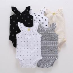 5 Piece Pack Cotton Girls Print Stripe Pattern Baby Flutter Sleeve Newborn Ruffle Romper Baby