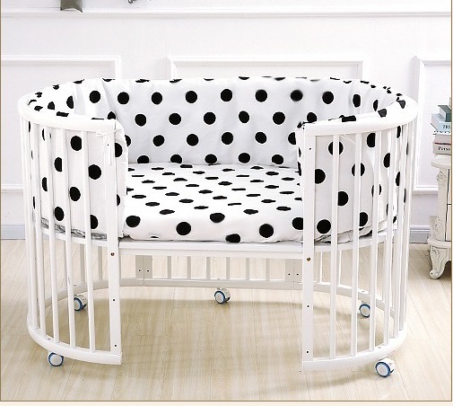 Oval Wood Children Bed: Multi-Function Baby Treasure Round Crib with Bedding Set and Mattress