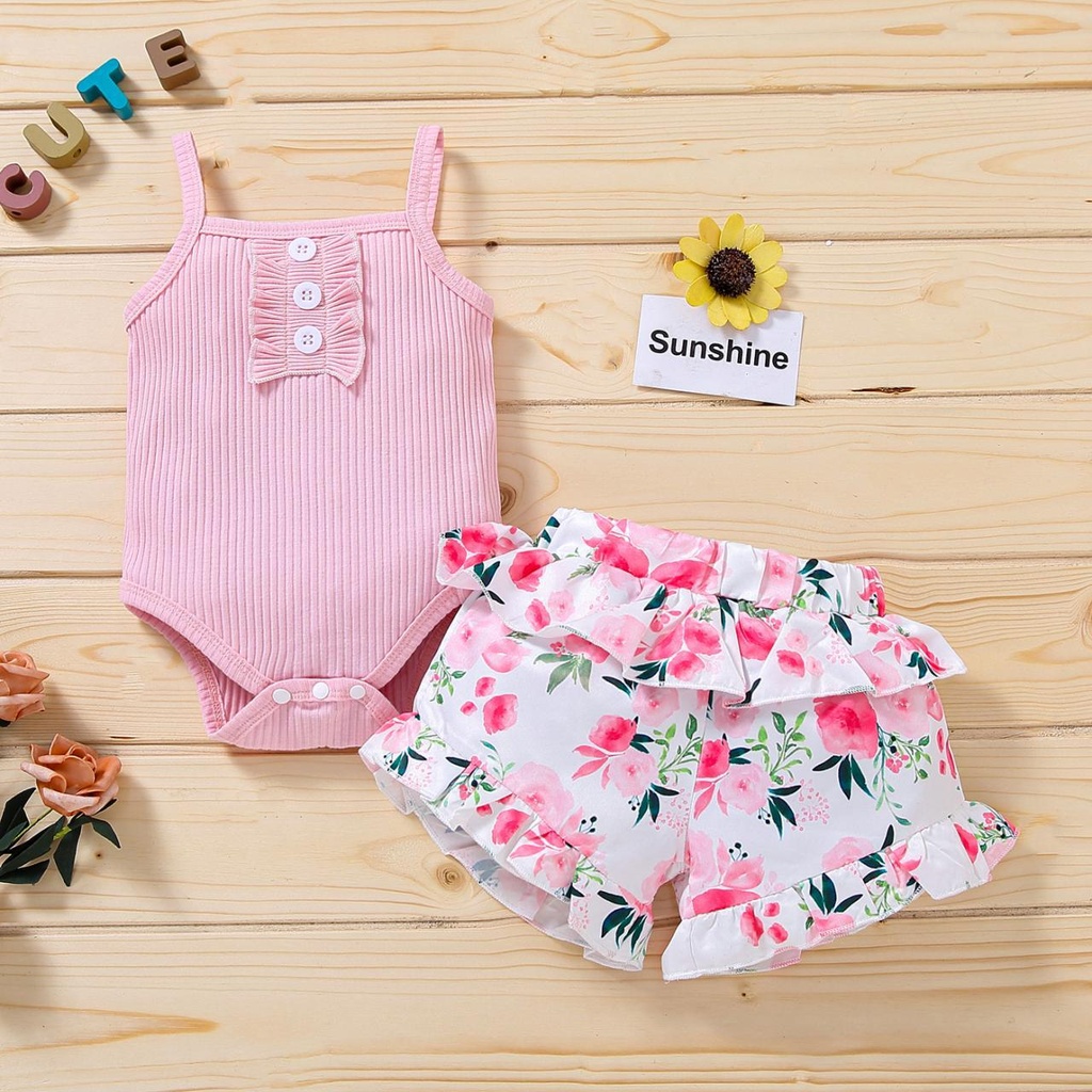 3PCS Newborn Baby Girls Summer Clothes Set Ruffle Romper Tops Floral Print Short Pants Headband Toddler