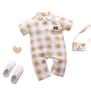 Baby Argyle happy Bear Print Striped Trim Polo Neck Jumpsuit