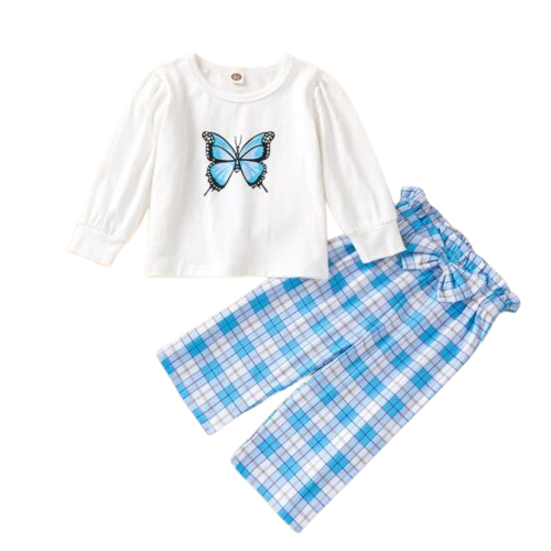 Girls Toddler Butterfly Print Blouse Suit Long Sleeve Pullover Butterfly Printing Tops Plaid Trousers Set