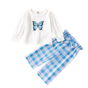 Girls Toddler Butterfly Print Blouse Suit Long Sleeve Pullover Butterfly Printing Tops Plaid Trousers Set